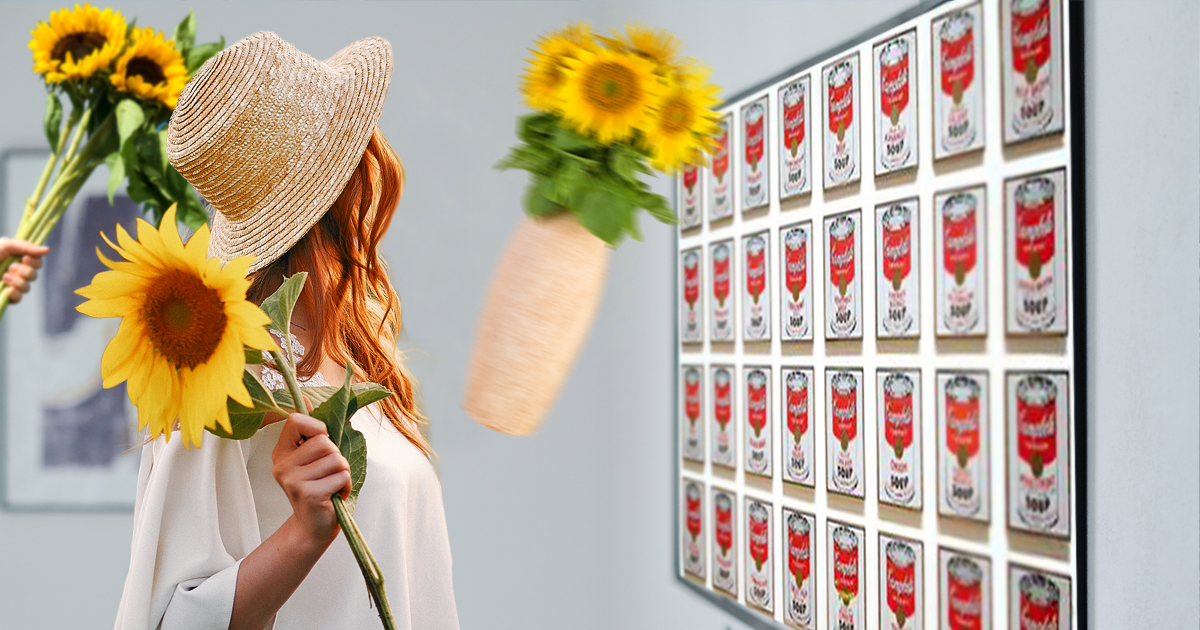 Noktara - Klimaaktivisten werfen Sonnenblumen auf Campbell's Suppendosen